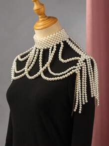 优雅珍珠新娘肩项链手工空心仿珍珠躯干链婚纱披肩 - 白色 - 查看 6