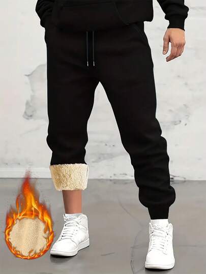 Pantaloni da uomo da esterno, pantaloni casual con fodera termica per autunno/inverno, pile nero sportivo