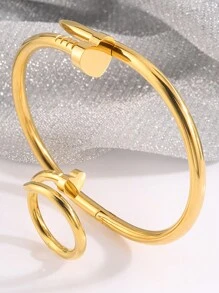 2 piezas combinación de brazalete y anillo clásicos de acero inoxidable con diseño de corazón/flor, de estilo sencillo y moderno, look atemporal, adecuado para todos tus estilos