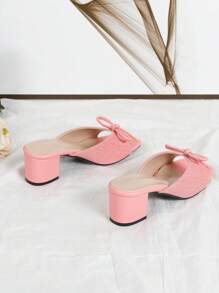 Pink Canvas Square Toe High Heel Sandals With Bow Decor, Open Toe & Backless Design, Fashion Ladies Shoes Valentines