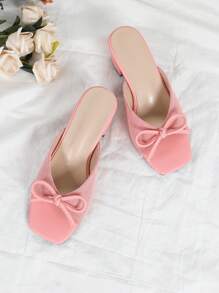 Pink Canvas Square Toe High Heel Sandals With Bow Decor, Open Toe & Backless Design, Fashion Ladies Shoes Valentines
