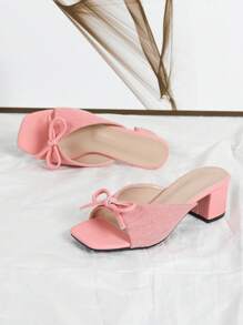 Pink Canvas Square Toe High Heel Sandals With Bow Decor, Open Toe & Backless Design, Fashion Ladies Shoes Valentines