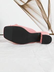 Pink Canvas Square Toe High Heel Sandals With Bow Decor, Open Toe & Backless Design, Fashion Ladies Shoes Valentines