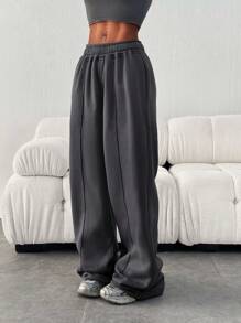 Slant Pocket Wide Leg SweatpantsY2K  Women's Stretch Wasit Straight Leg Comfy Casual Pants  Daily Wear - 深灰色 - 查看 5