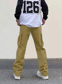 Plus Size Men's Solid Color Casual Cargo Pants - Khaki - View 5