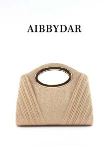 轻质奢华褶皱手提包，女士通勤单肩包，化妆包，简约时尚设计，可拆卸金属链，适合商务、舞会、派对、宴会等场合 - 香檳色 - 查看 3