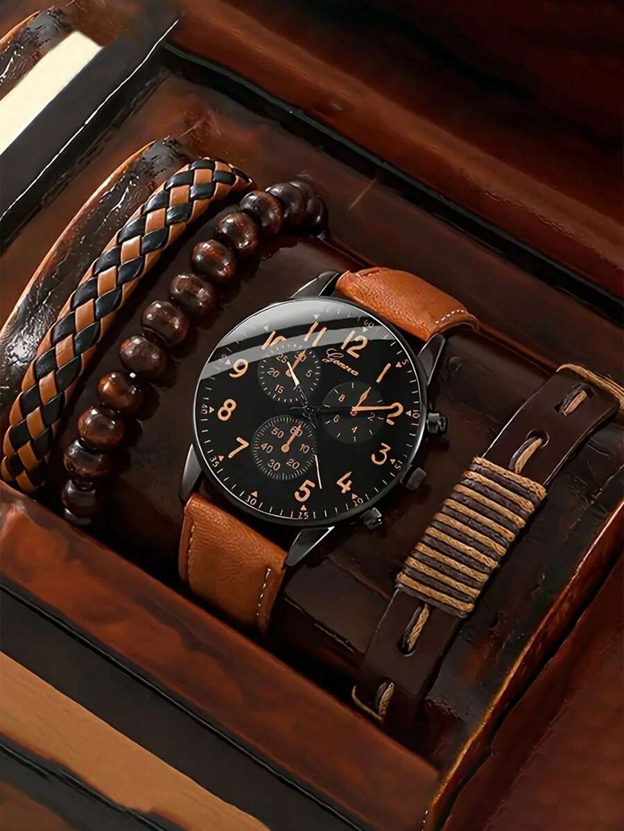 4入組男士棕色PU錶帶休閒石英手錶和手鍊套裝，畢業禮物、開學優惠不容錯過 - 棕色 - 查看 1