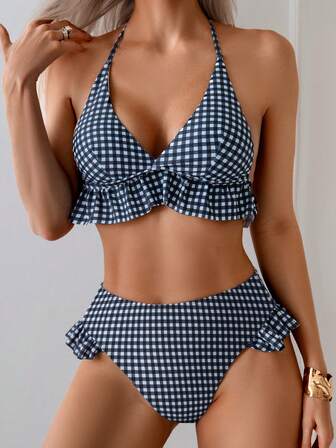 全新欧式格子印花性感比基尼套装分体女士泳衣泳装，适合夏季海滩度假