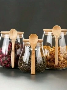 1 pezzo Barattolo in vetro rotondo ermetico da 300ml/350ml/450ml, barattoli per condimenti con coperchi in bambù e cucchiaio, contenitori per alimenti per zucchero, caffè, noci, barattoli da cucina in vetro per farina, biscotti, caramelle, tè matcha, noci e barattoli per spezie