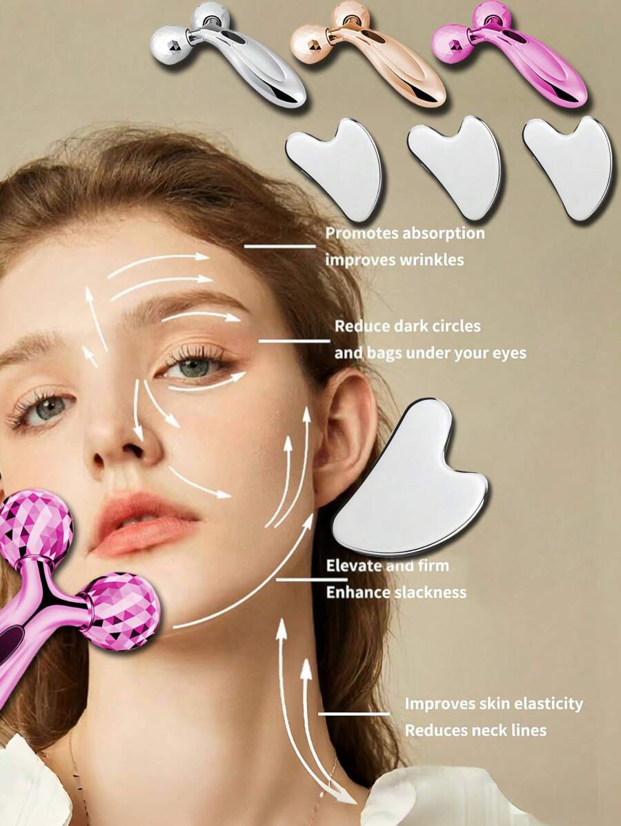 Zestaw 1/2 szt./zestaw ze stali nierdzewnej Gua Sha i wałka do twarzy, wałek do masażu V, redukcja zmarszczek na szyi i wokół oczu, lifting twarzy, narzędzie do modelowania twarzy i redukcji opuchlizny, metalowa pielęgnacja skóry, masażer dla kobiet, uroda, produkty do pielęgnacji skóry, spa, pielęgnacja ciała, narzędzia do pielęgnacji skóry, pielęgnacja twarzy, akcesoria kosmetyczne, masaż, narzędzie do masażu twarzy, wałek do twarzy
