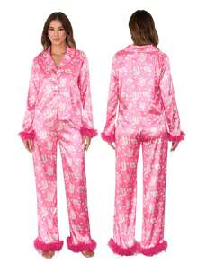 Women Christmas Pajamas Lounge Set Santa/Christmas Tree/Boots Print Shirts Tops And Pants 2 Piece Loungewear Outfits - Hot Pink - View 3