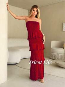 White Long Dress Red Women's Party Midi Dress Elegant Lace New Year's Eve Christmas Knit Ruffles Lined Fits 36 To 42 - 紅色 - 查看 4