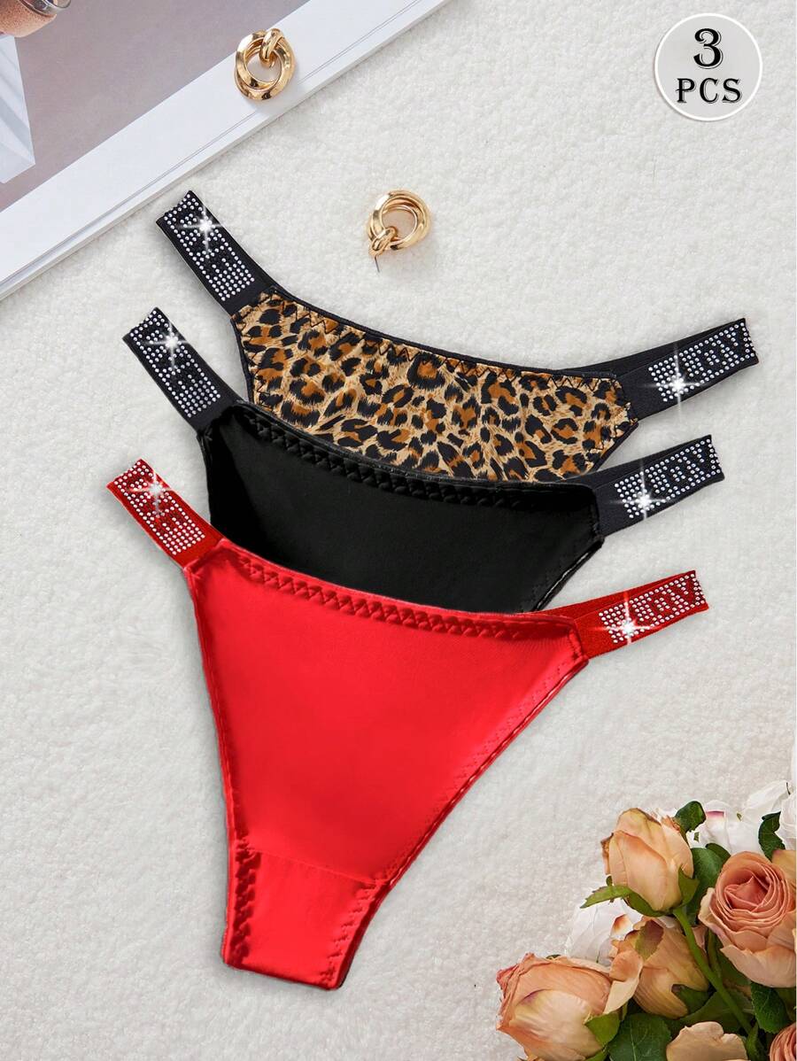 3 CÁI/GÓI Quần lót trơn họa tiết da báo in họa tiết da báo đính đá lấp lánh cho nữ, Rave - Nhiều màu - Xem 1