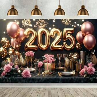 One 2025 New Year Party Decoration Banner, Polyester Multi-Purpose Photo Booth Prop, Universal Celebration Wall Background, With Balloon And Festival Decoration Design, Suitable For Various Occasions