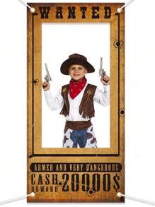 1pc Western Cowboy Bounty Poster Vintage Backdrop, Holiday, Birthday, Party, Bathroom Gift Occasion Decor Hollow Photo Frame Hanging Cloth Photography Prop