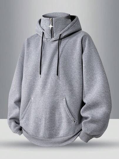 男士休闲纯色半拉链连帽卫衣，春秋季长袖上衣