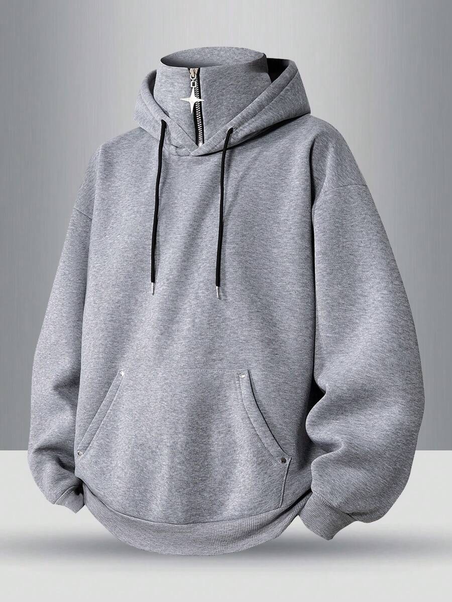 Sudadera con capucha de media cremallera de unicolor casual para hombres, de manga larga, para primavera y otoño - Gris - Ver 1