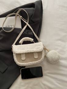 Autumn/Winter Niche Suede Handbag, Women's Fashionable Simple Colorblock Shoulder Bag, Casual Tote Bag With Mini Round Bag For Commuting, Dating, Work - Beige - View 5