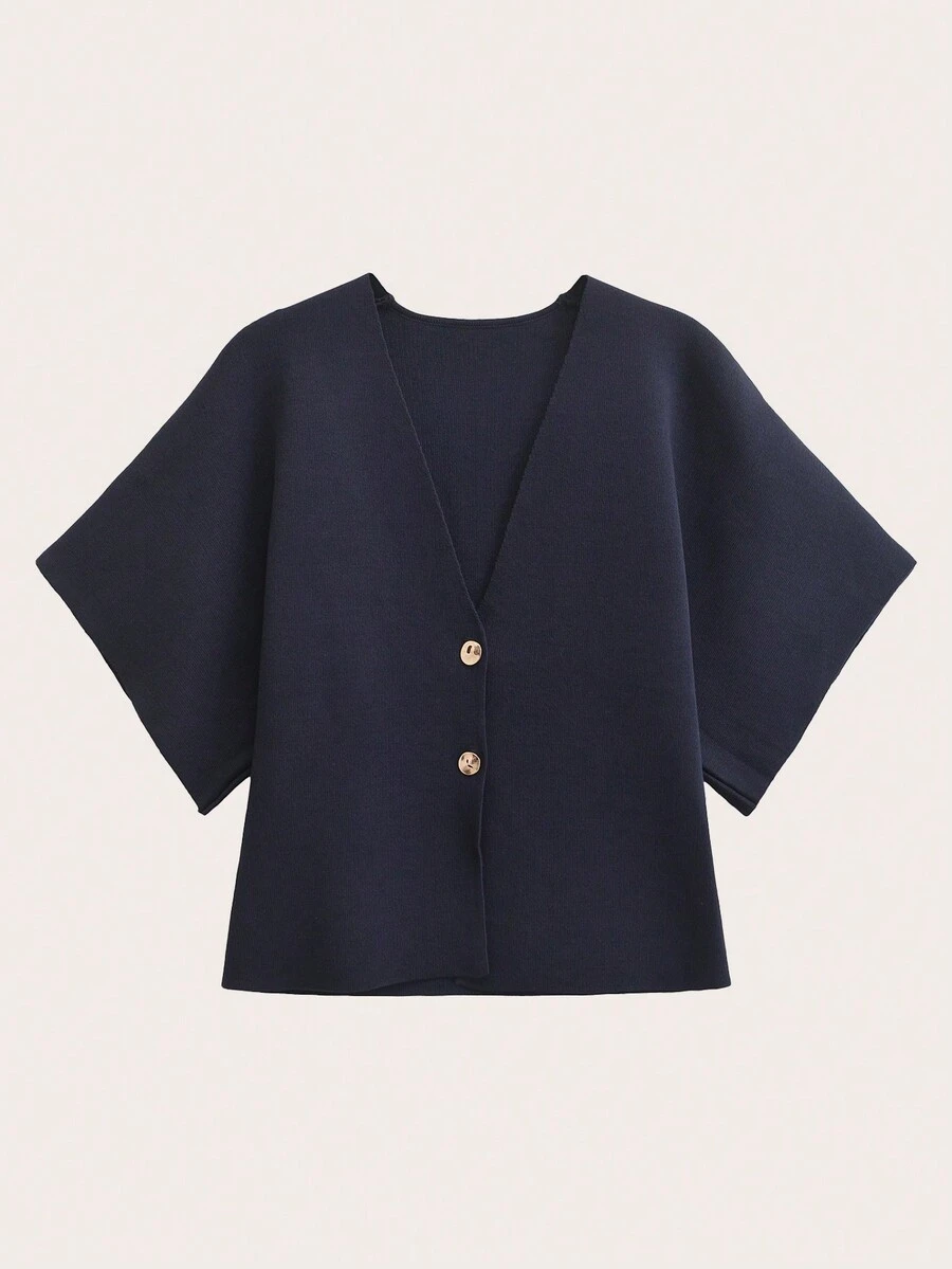 Minimalist Knitted Solid Color V-Neck Short Sleeve Cardigan - Navy Blue - View 1