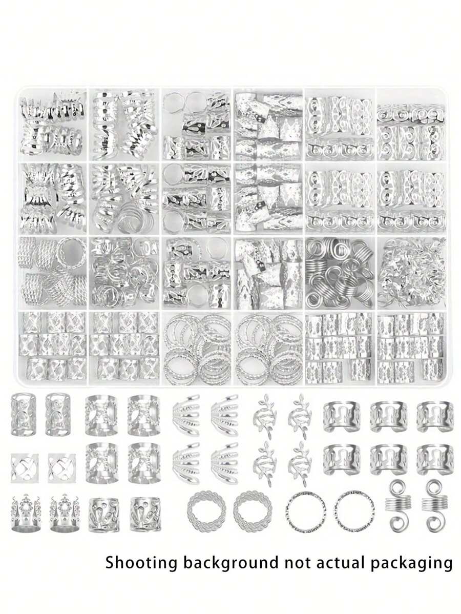 280pcs Silvery Metal Hair Braiding Rings & Cuffs Set - Hip-Hop Punk Style Hollow-Out Dreadlock Beads For Women And Girls, DIY Braid Jewelry Accessories, Solid Color Hair Clips For Stylish Updos And Braids Valentines, School Stuff
