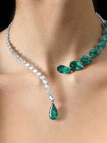 1pc Luxury Emerald Drop Pendant Necklace, Suitable For Women's Party Wear - Silver - View 1