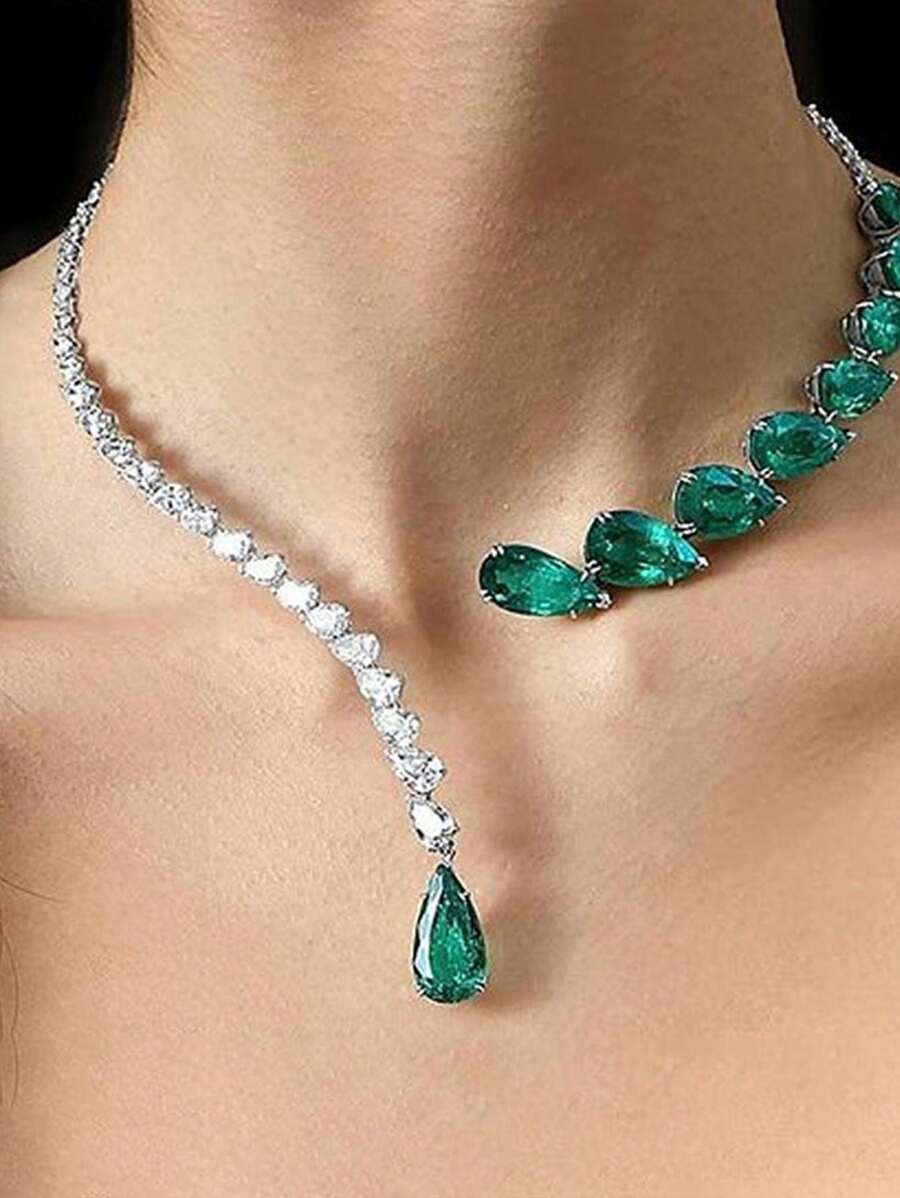1pc Luxury Emerald Drop Pendant Necklace, Suitable For Women's Party Wear - Silver - View 1