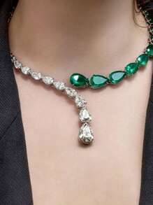 1pc Luxury Emerald Drop Pendant Necklace, Suitable For Women's Party Wear - Silver - View 2