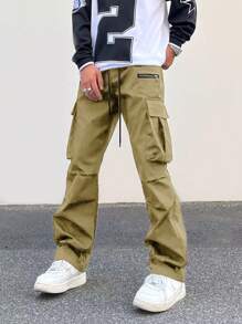 Plus Size Men's Solid Color Casual Cargo Pants - Khaki - View 4