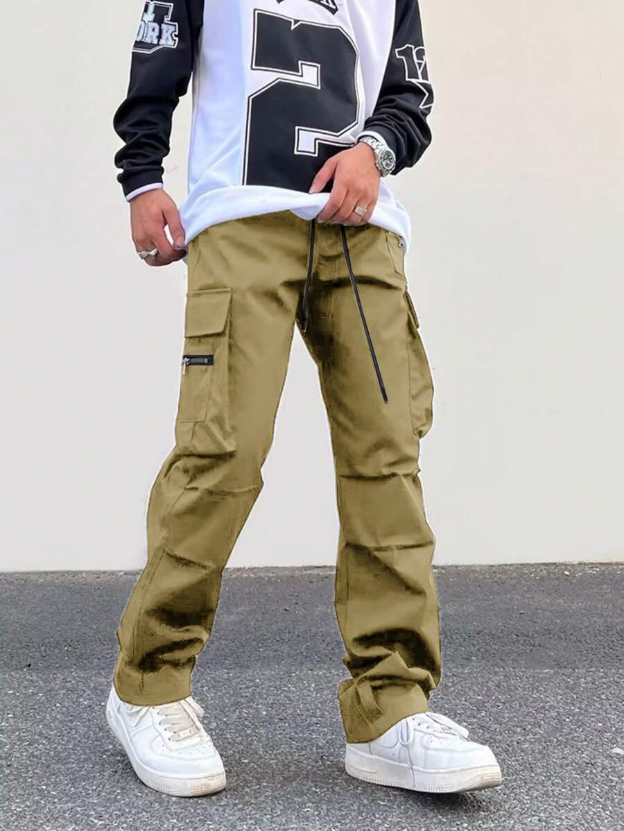 Plus Size Men's Solid Color Casual Cargo Pants - Khaki - View 1