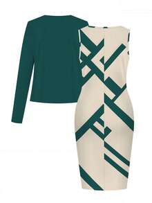 Women's Two-Piece Dress Set Solid Color Long-Sleeved Cardigan Coat Geometric Print Round Neck Sleeveless Bodycon Hip Dress Elegant Ladies Casual Daily Party Universal - Dark Green - View 2