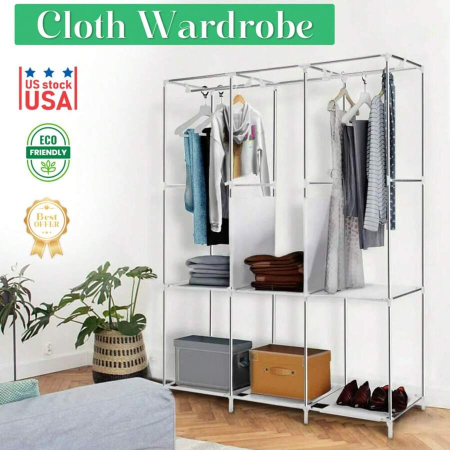 New Design Portable Closet Wardrobe Clothes Rack Storage Organizer Shelf Durable