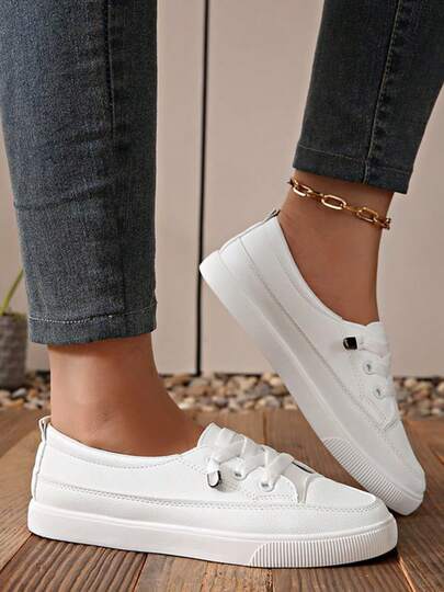 Women's Chic Slip-On Sneaker-Easy And Convenient, Low-Top Skating Style, Comfortable Flat White Sneaker, Suitable For Daily Fashion