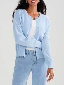 Women Button Up Sweaters Casual Lightweight Solid Color Knit Cardigans Warm Knitwear - Blue - View 5