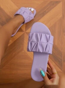 Women's Fashion Flat Sandals, Woven 2025 Summer New Floral Round Toe Slip-On Slippers - Purple - View 1