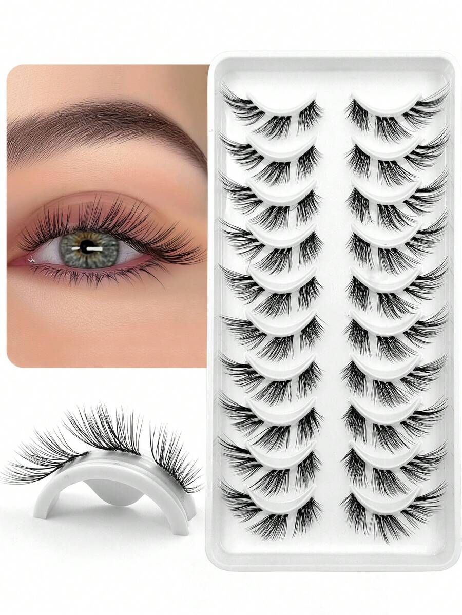 Asiteo Cat Eye False Eyelashes, 10 Pairs Transparent Band False Lashes, Fox Eye Fake Lashes, Faux Mink Lashes, Natural Look False Eyelashes, Eyelash Extension Makeup - 黑色 - 查看 1