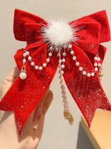 1个蝴蝶结头饰青少年红色发夹女孩发夹青少年新年天鹅绒后背头夹 - 紅色 - 查看 10