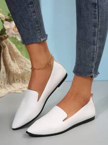 新款夏季尖头平底女鞋，休闲运动款，加大码，纯色 - 白色 - 查看 3