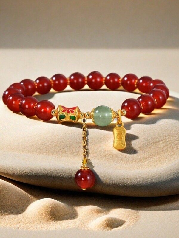 1pc Lucky Bracelet For Women Men, Retro Synthetic Red Agate Bracelet For Family Friend, Niche Red Bead Bracelet, As A Gift For Boyfriend Girlfriend And Best Friend
