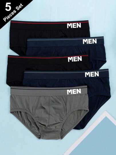 Set de 5 calzoncillos de algodón para hombre en combinación multicolor, con cintura estampada con la palabra "MEN" en blanco