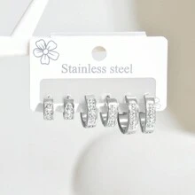 6pcs Elegant Zirconia Hoop Earrings Set, Stainless Steel