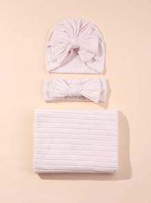3pcs/Set Spring & Autumn Newborn 0-6 Months Baby Swaddle Blanket Set, Includes Bow Headband, Hat And Wrap, Baby Photography Props - Multicolor - View 13