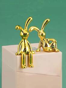 2pcs Gold And Silver Squatting Rabbit Statue ABS Electroplated Reflective Material With Adhesive Base, Used For Home Living Room, Dining Room, Bedroom, Hall, Kitchen, Bathroom, Cabinet, Bookshelf, Desktop Decoration, Office, Car Decoration, Can Also Be Used For Adhesive Tissue Boxes, Alarms, Refrigerators, Mirrors, Boxes And Other Household Items, Birthdays, Celebrations, Christmas, Holiday Decoration