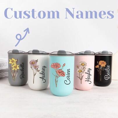 Personalized Stainless Coffee Cup, Personalised Tumbler With Lid, Bridesmaid Proposal Wine Tumbler, Personalized Birth Flower Cup, Personalized Name 1