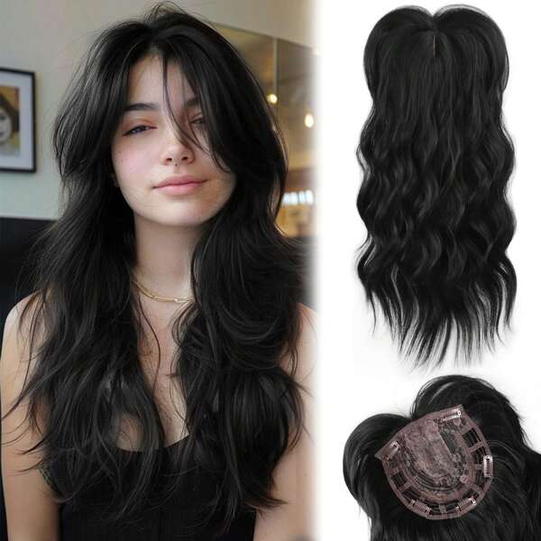 AliLeader Toppers de cabelo para mulheres, 20 polegadas, preto, ondulado, cabelo, toppers para mulheres, peças de cabelo para mulheres com cabelo ralo, peruca sintética, grampo em topper de cabelo, perucas com franja, franja