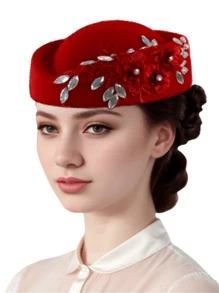 1Pc Felt Turban Fascinator Hats Pillbox Hats For Women Derby Hat With Flower Embellished Elegant Ladies Tea Party Hats Vintage Beret Hat Decorated With Rhinestone Fashion Fedoras Cap For Cosplay Costume Accessories For Wedding Party Women Ladies Gift 2024 New Style. - Multicolor - View 3