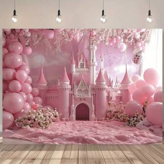 1pc Charming Pink Castle & Balloon Birthday Party Backdrop - Single-Sided Polyester Fabric, Suitable For Photography Studio, Living Room And Outdoor Decor, No Electricity Needed Birthday Party Decoration