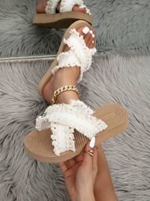 Women's Platform Low-Heel Sandals, Beige Color For Beach Wear, Crossed Straps With Tassel, Bohemian Style Slip-On Wedge Sandal - Beige - View 2