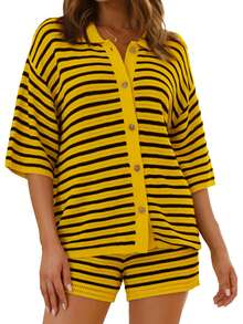 Casual Striped Shirt Top And Loose Fitting Shorts Set - Orange - View 4