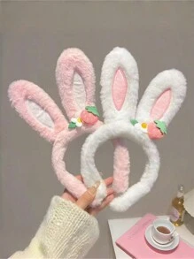 2pcs Cute And Lively Strawberry Rabbit Ear Plush Hair Hoops, Party And Gathering Hair Accessories For Ladies Winter Face Washing And Make-Up Headband - Pink and White Plush Rabbit Ears Headband Set - View 1