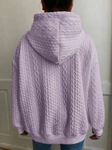 大码女式休闲宽松纯色提花针织长袖连帽运动衫